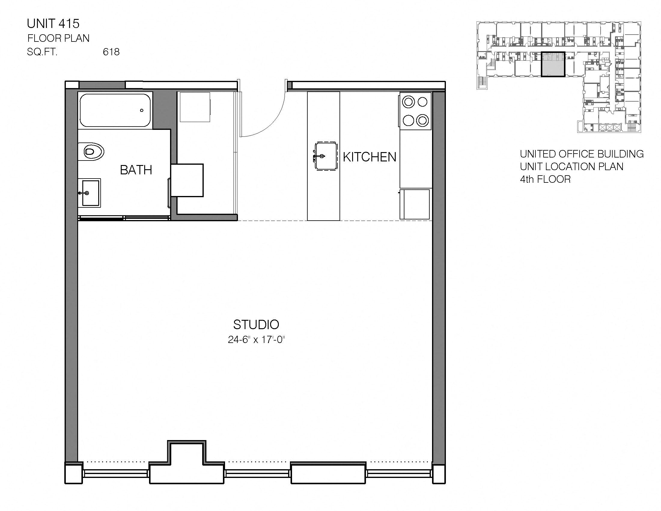 Floor plan for studio, 1 bath, 618 sqft